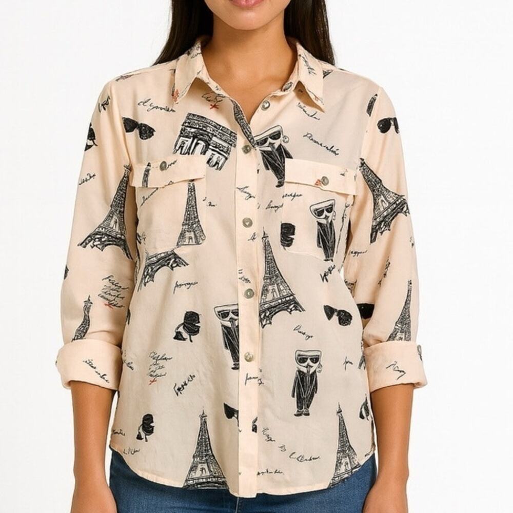 Karl Lagerfeld Paris Button Top Womens Small Pink Black Eiffel Tower Signature